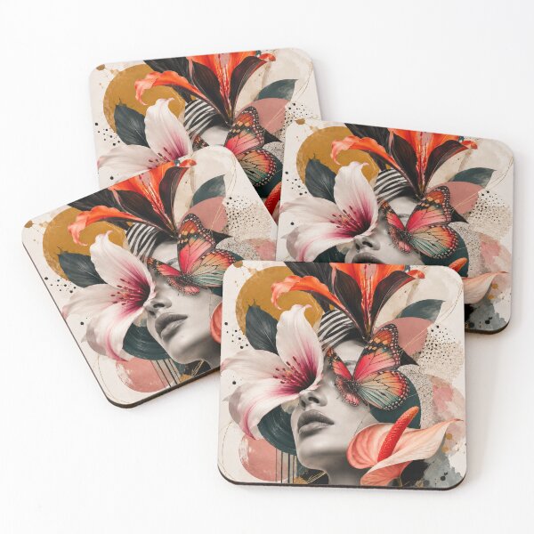 Item preview, Woman Pink Lily Butterfly Coral Flowers Geometric Wall Art Print designed and sold by Leogasup.