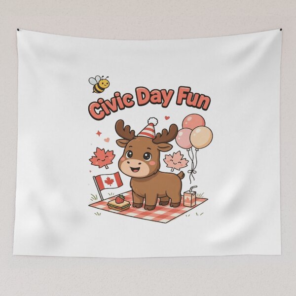 Aperçu de l'œuvre Fête civique mignonne et kawaii du Canada | Pique-nique d'orignaux et de feuilles d'érable | Célébration estivale pastel créée et vendue par InspiredCreatives.
