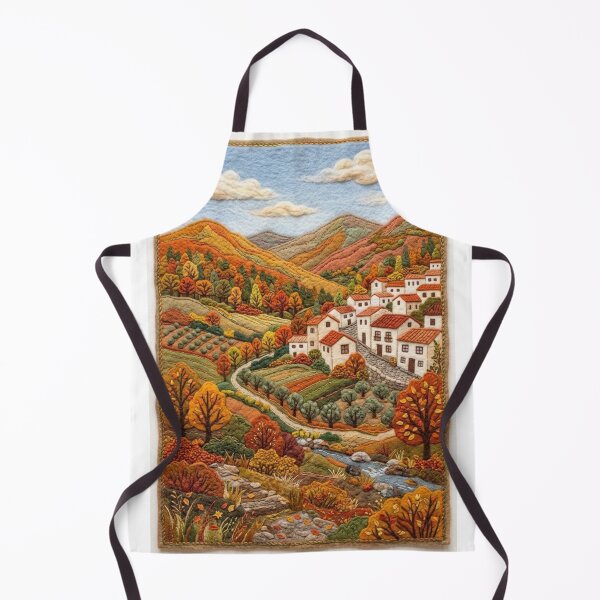 Item preview, AUTUMN LANDSCAPE OF A RUSTIC VILLAGE IN A TEXTILE EMBROIDERY STYLE, COTTAGECORE ART designed and sold by Curiosiart.
