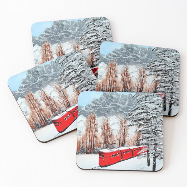Item preview, Red Alpine Train — Winter Mountain Landscape, Snow Scene Art Print designed and sold by ArtByShoonya.