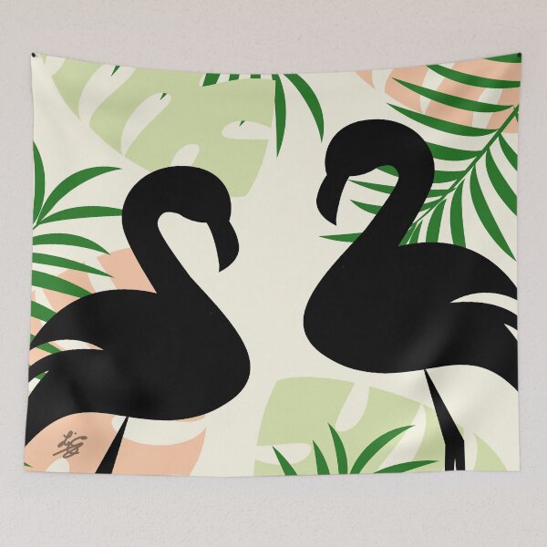 Item preview, Tropical Flamingo Silhouette With Summer Color Palm Leaves Pattern Background designed and sold by studioart.