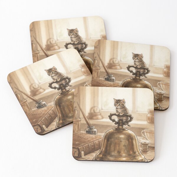 Item preview, Tiny Kitten on a Giant Vintage Desk Bell Miniature Illustration designed and sold by DuckOddity.