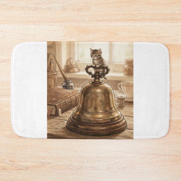Item preview, Tiny Kitten on a Giant Vintage Desk Bell Miniature Illustration designed and sold by DuckOddity.