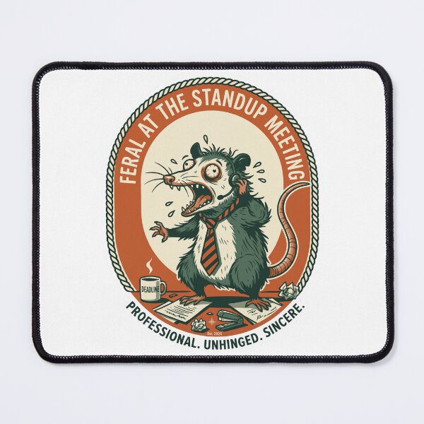 Item preview, Feral At The Standup Meeting Funny Possum Office Meme Vintage Badge designed and sold by ahmedouazza.