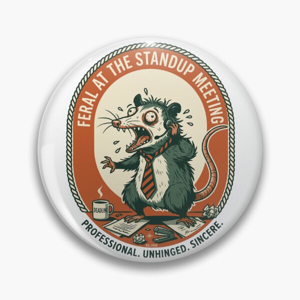 Item preview, Feral At The Standup Meeting Funny Possum Office Meme Vintage Badge designed and sold by ahmedouazza.