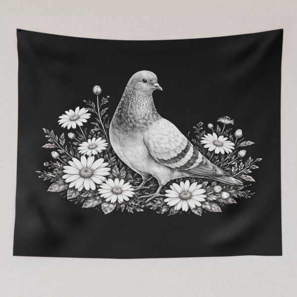 Item preview, Black and White Pigeon With Daisies designed and sold by azule1.