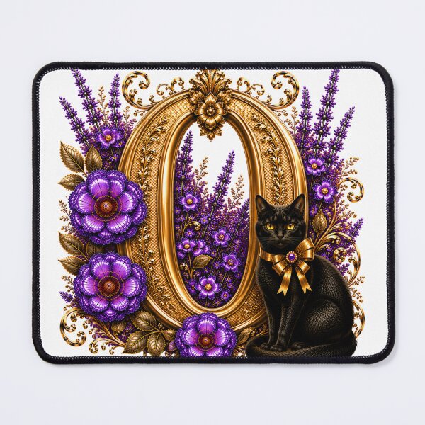 Item preview, Floral Letter O with Black Cat | Lavender Botanical Monogram | Elegant Gold Initial Design designed and sold by MoodLay.