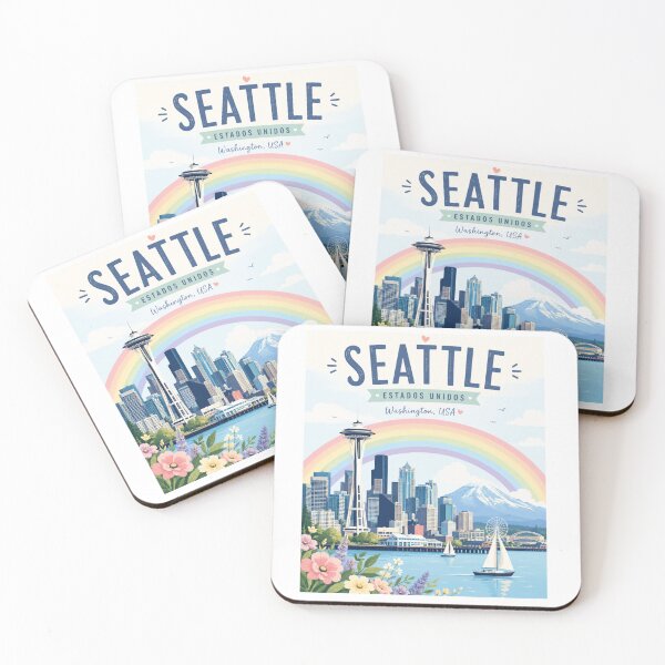 Item preview, Seattle Washington Skyline Rainbow Floral Aesthetic Travel Art designed and sold by ElartedeNoel.