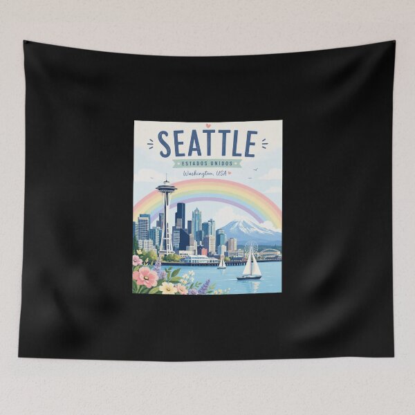 Item preview, Seattle Washington Skyline Rainbow Floral Aesthetic Travel Art designed and sold by ElartedeNoel.