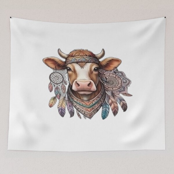 Item preview, Bohemian Cow with Dreamcatchers and Feathers designed and sold by DailyDoodlesBySumbul.