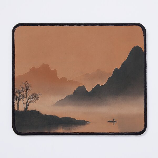 Item preview, Fisherman on a Still Lake - Burnt Orange Ink Wash Landscape designed and sold by OpenFieldNotes.