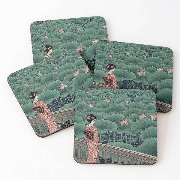 Item preview, Lost in the lotus: A woman and cat by Kawase Hasui designed and sold by PurrfectHome.
