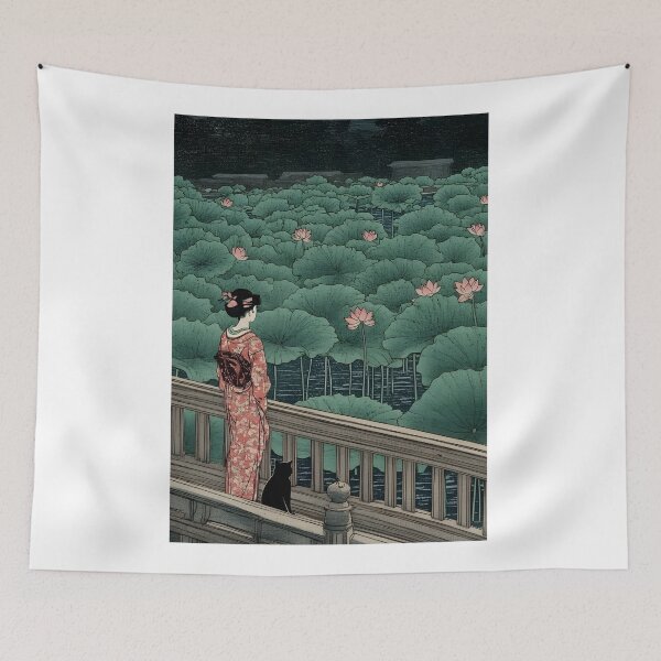 Item preview, Lost in the lotus: A woman and cat by Kawase Hasui designed and sold by PurrfectHome.