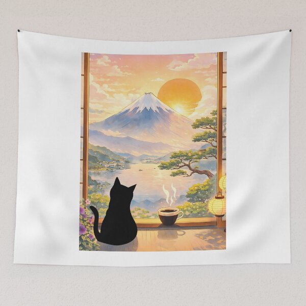 Item preview, Coffee Cat in Mt. Fuji designed and sold by PurrfectHome.