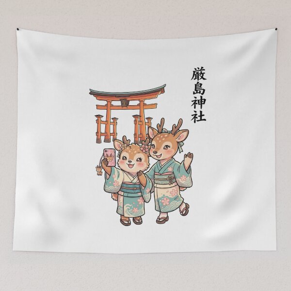 Item preview, Cute Deer at Miyajima Itsukushima Shrine - Traditional Kimono Torii Gate Travel Art designed and sold by TaiwanMemory.