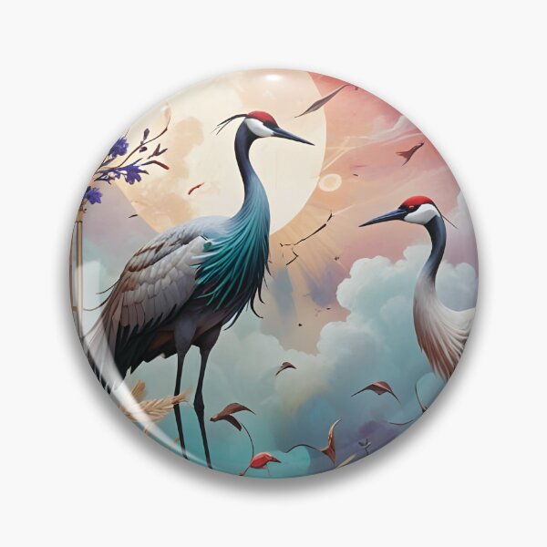 Item preview, Elegant Cranes Among Vibrant Flowers and Moonlight With Ornate Bird Cages in a Surreal Garden designed and sold by LisaMise.