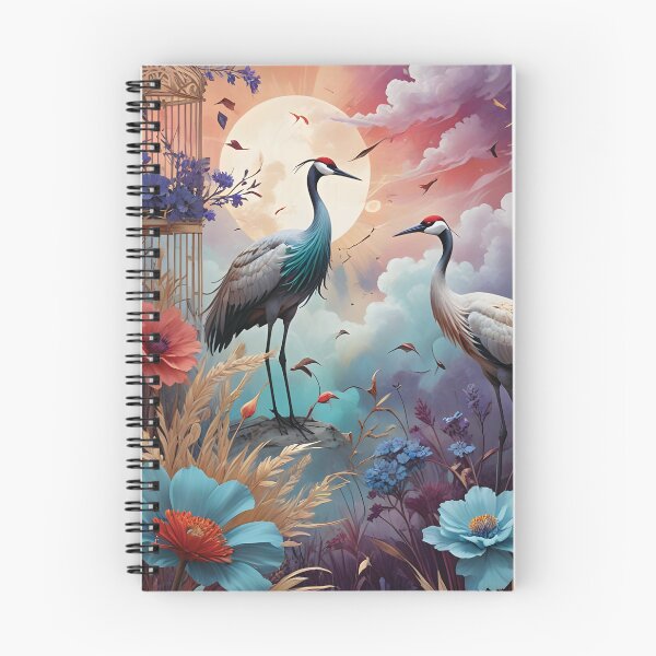 Item preview, Elegant Cranes Among Vibrant Flowers and Moonlight With Ornate Bird Cages in a Surreal Garden designed and sold by LisaMise.