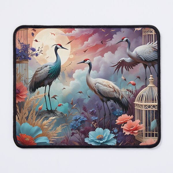 Item preview, Elegant Cranes Among Vibrant Flowers and Moonlight With Ornate Bird Cages in a Surreal Garden designed and sold by LisaMise.