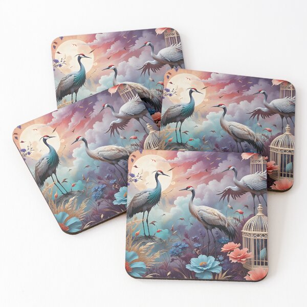 Item preview, Elegant Cranes Among Vibrant Flowers and Moonlight With Ornate Bird Cages in a Surreal Garden designed and sold by LisaMise.