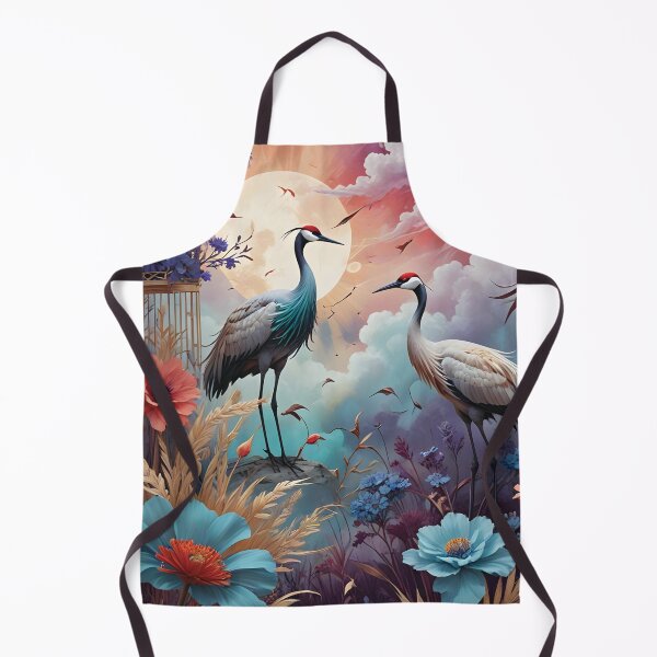 Item preview, Elegant Cranes Among Vibrant Flowers and Moonlight With Ornate Bird Cages in a Surreal Garden designed and sold by LisaMise.