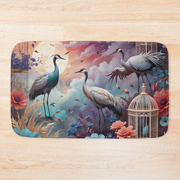 Item preview, Elegant Cranes Among Vibrant Flowers and Moonlight With Ornate Bird Cages in a Surreal Garden designed and sold by LisaMise.