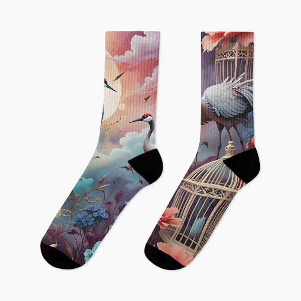 Item preview, Elegant Cranes Among Vibrant Flowers and Moonlight With Ornate Bird Cages in a Surreal Garden designed and sold by LisaMise.