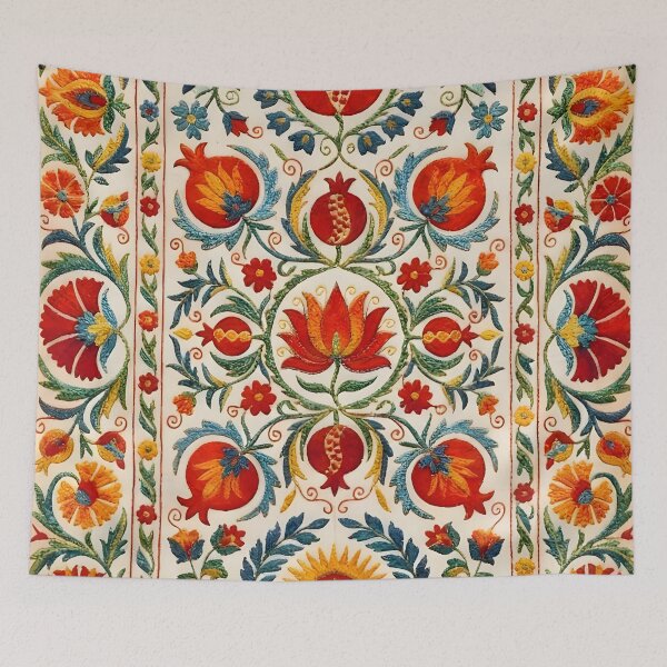 Item preview, Uzbekistan Suzani Flowers and Pomegranates Embroidery  designed and sold by Vicky Brago-Mitchell®.