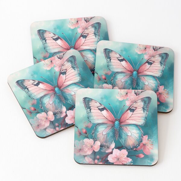 Item preview, Vintage boho pastel watercolour cherryblossoms flowers and butterfly spring painting, pastel pink, teal green, beautiful wildflower floral garden  designed and sold by navitalidesign.