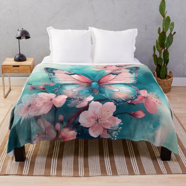 Item preview, Vintage boho pastel watercolour cherryblossoms flowers and butterfly spring painting, pastel pink, teal green, beautiful wildflower floral garden designed and sold by navitalidesign.