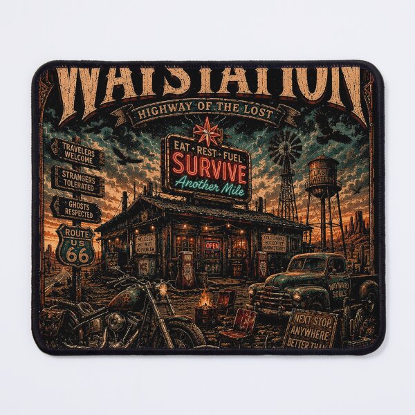 Item preview, WANDERER’S WAYSTATION | Vintage Roadside T-Shirt | Highway Of The Lost | RetroCrypt Studio designed and sold by RetroCrypt Studio.