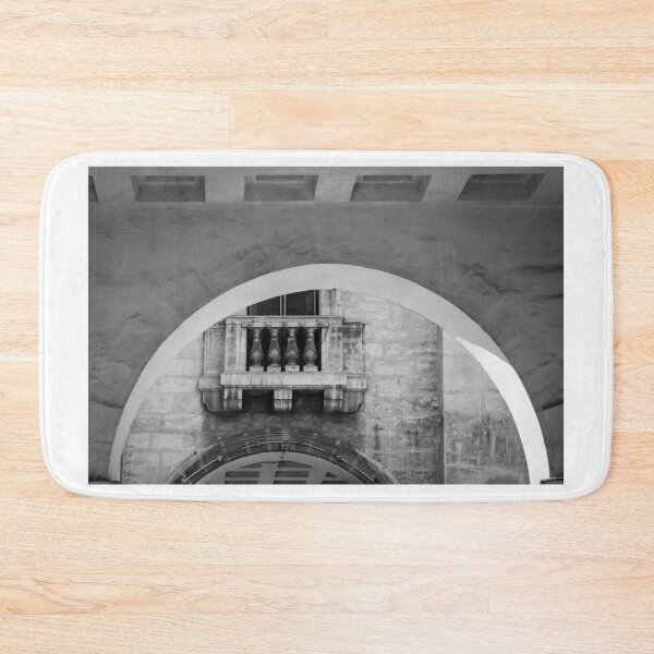 Item preview, Historic Stone Arch And Balustrade Balcony Framed By Architectural Passageway In Black And White designed and sold by Nmallia.