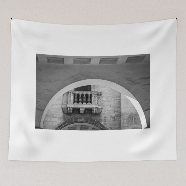 Item preview, Historic Stone Arch And Balustrade Balcony Framed By Architectural Passageway In Black And White designed and sold by Nmallia.