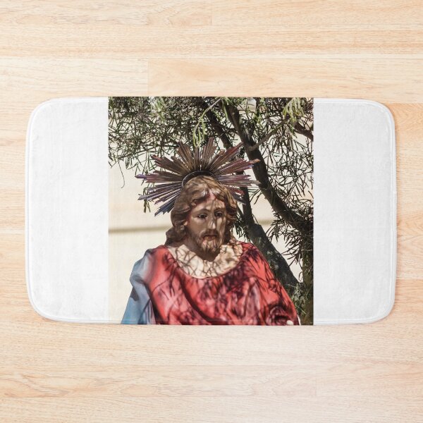 Item preview, Outdoor Religious Statue of Jesus in Red Robe With Halo and Tree Shadows designed and sold by Nmallia.