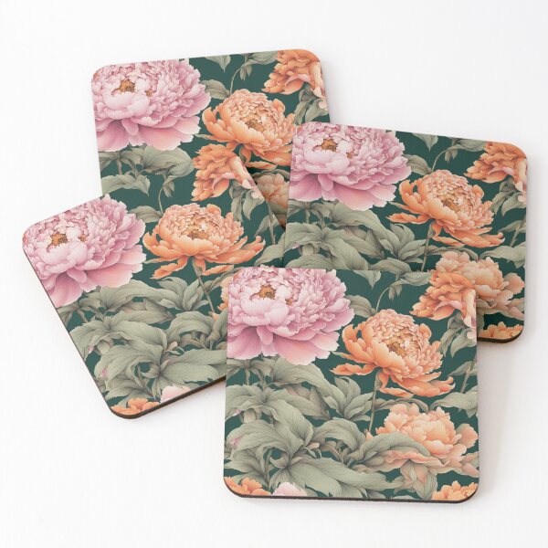 Item preview, Pink and Orange Peonies on Dark Green designed and sold by The Painted Lamb.