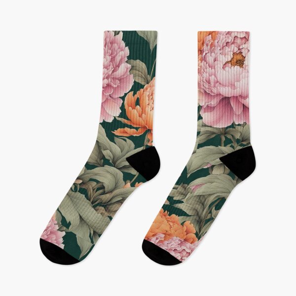 Item preview, Pink and Orange Peonies on Dark Green designed and sold by The Painted Lamb.