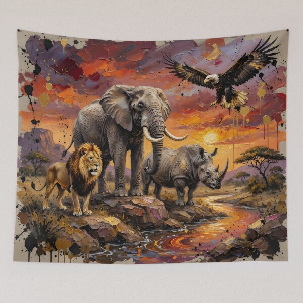 Item preview, African Wildlife Sunset | Lion Elephant Rhino Eagle | Safari Palette Knife Wall Art designed and sold by DreamyWallVibes.