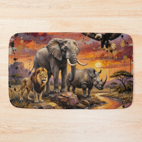 Item preview, African Wildlife Sunset | Lion Elephant Rhino Eagle | Safari Palette Knife Wall Art designed and sold by DreamyWallVibes.