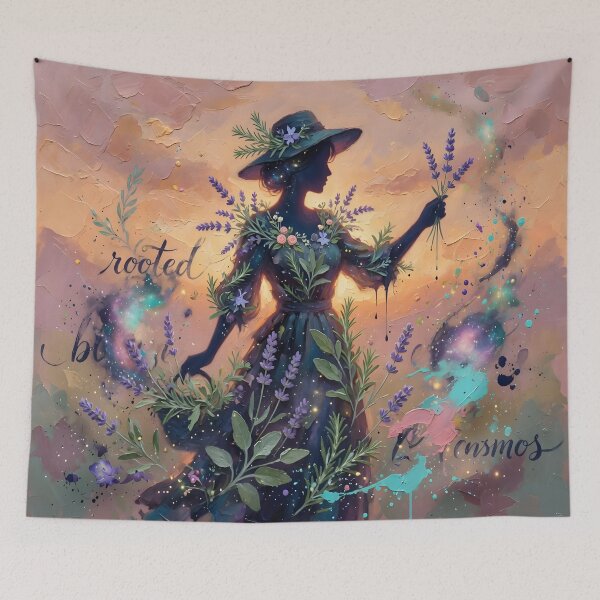 Item preview, Rooted Between Cosmos | Celestial Lavender Goddess | Botanical Fantasy Wall Art designed and sold by DreamyWallVibes.