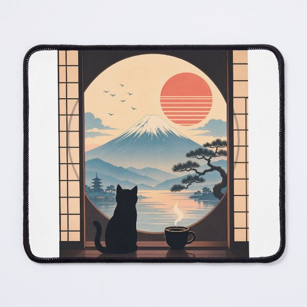 Item preview, Coffee Cat in Mt. Fuji designed and sold by PurrfectHome.
