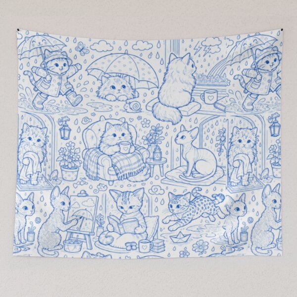 Item preview, Rainy Day Cats | Cute Blue Line Art Cat Design designed and sold by TerScott.