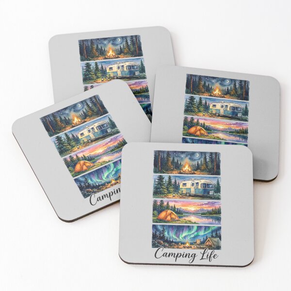 Item preview, Camping Life Watercolor Panels Retro Camper Tent Sunset Northern Lights designed and sold by PACS0011.