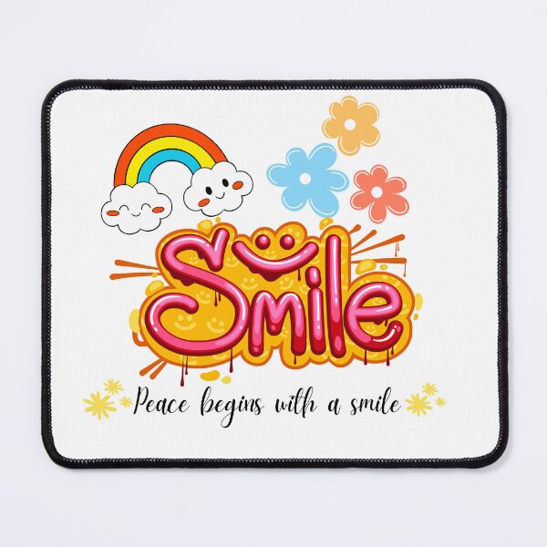 Item preview, A cheerful and colorful illustration featuring the word “Smile” in playful pink and yellow font, topped with a rainbow and smiling clouds.  designed and sold by Twinkz31.