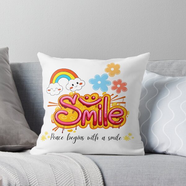 Item preview, A cheerful and colorful illustration featuring the word “Smile” in playful pink and yellow font, topped with a rainbow and smiling clouds.  designed and sold by Twinkz31.