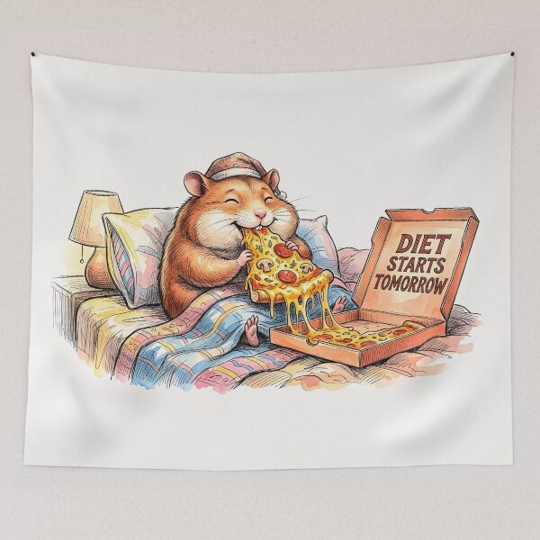 Item preview, Diet Starts Tomorrow - Funny Hamster Eating Pizza Watercolor Art designed and sold by SoulPT.
