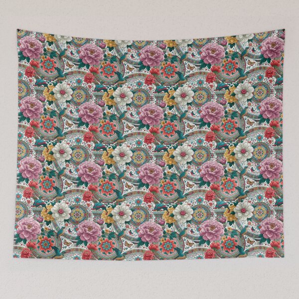 Item preview, Dense Maximalist Peony Bird And Plate Chinoiserie Pattern designed and sold by igraphixart.
