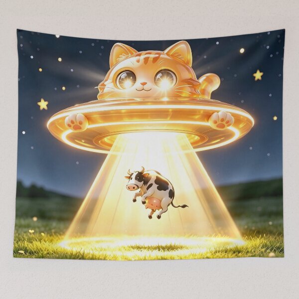Item preview, The UFO Abductor - Emerald Cat Snatching a Cow designed and sold by ABYSSLAB.