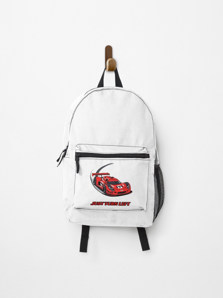 Thumbnail 1 of 3, Backpack, Just Turn Left - Sim Racing Humor designed and sold by GarageGraphics.