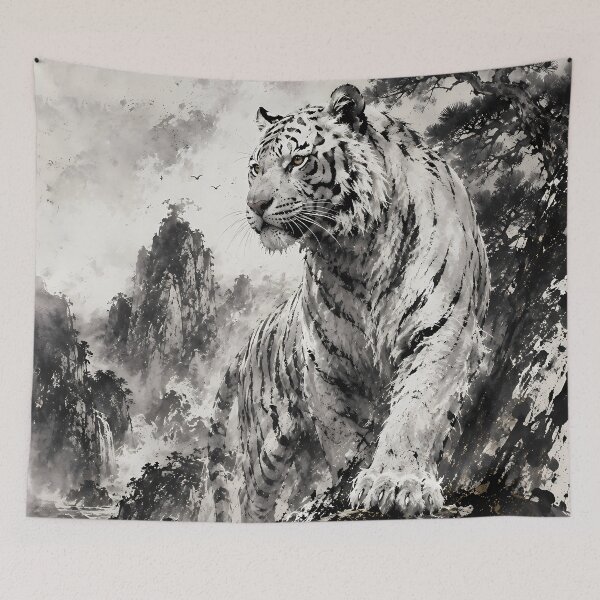 Item preview, White Tiger on Mountain Cliff | Traditional Ink Wildlife Art designed and sold by ManJiangHong.
