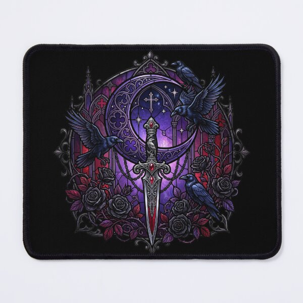 Item preview, Crescent Moon Medallion with Dagger and Ravens — Gothic Stained Glass designed and sold by David Mateo ArtWorks.