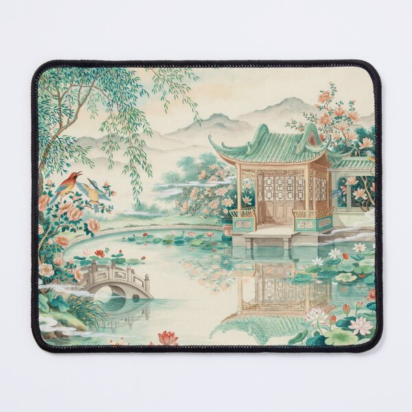 Item preview, Lotus Pavilion Garden Chinoiserie Wall Art – Elegant Asian Lotus Pond Botanical Landscape Decor designed and sold by Tamas Das.